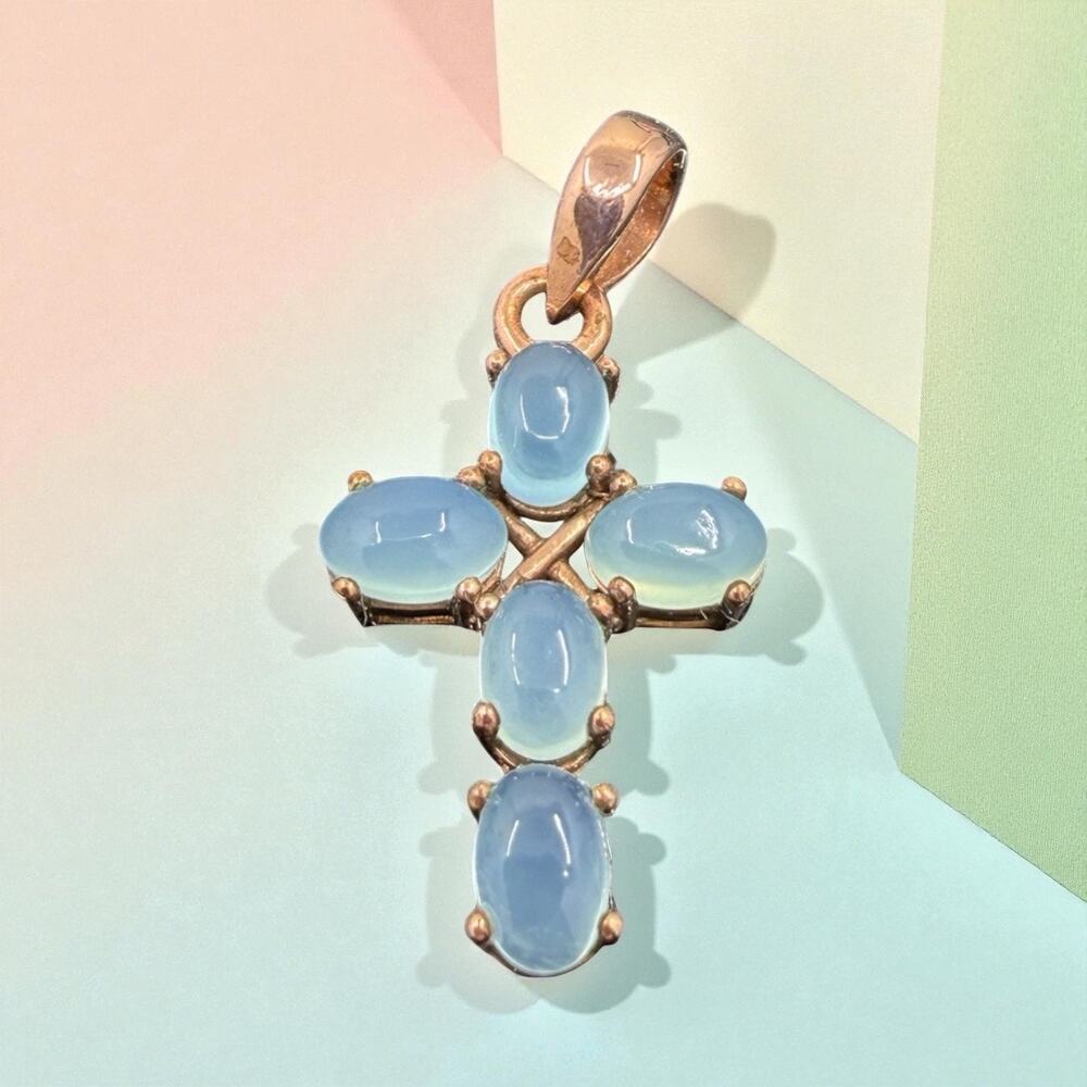Natural Blue Chalcedony Copper Cross Pendant Handmade - Chain Sold Separately